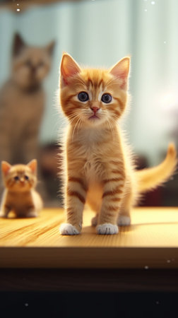 Generative AI : Orange tabby kitten eyes on another kitten on white sofaの素材