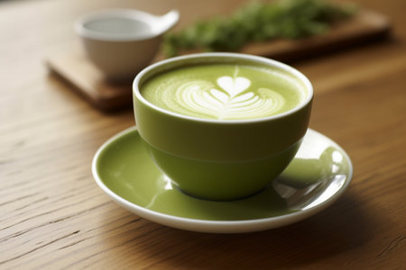 Generative AI : Green tea with latte art on brown wooden table surfaceの素材