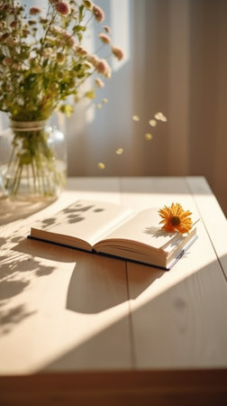 Generative AI : Open white book on wooden tableの素材