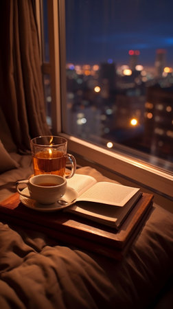 Generative AI : Orange cup and notebooks on bed with windows viewの素材