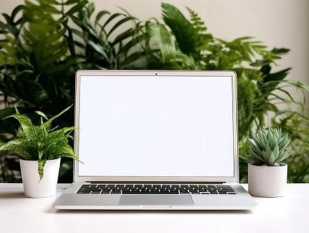 Generative AI : Laptop white screen with green plants pots on white table indoorの素材
