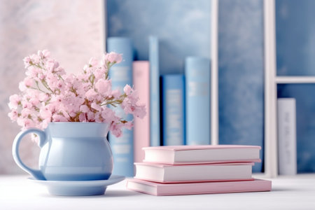 Generative AI : Pastel pink cup with flower and books at outdoorの素材