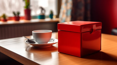 Generative AI : Red coffee cup and red pot on wooden table in front of windowの素材