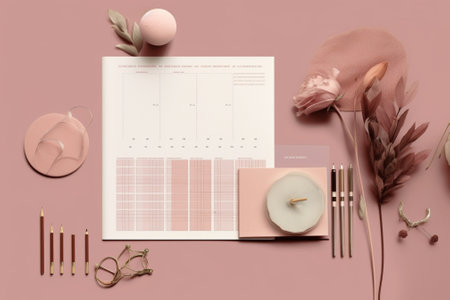 Generative AI : Pink calendar and snake plant on tableの素材