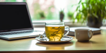 Generative AI : Laptop with tea glass cup with laptop on metal table at balcony and plant potの素材