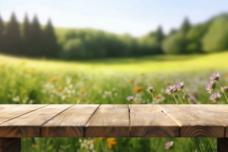 Generative AI : Outdoor Wooden table with Eriocaulaceae flower fieldの素材