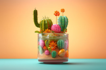 Generative AI : Rosella Juice in a glass cup and mini cactus plant on wooden tableの素材