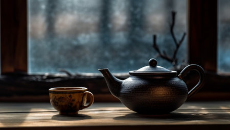 Generative AI : Pottery tea pot and bamboo tea cup on wooden tableの素材