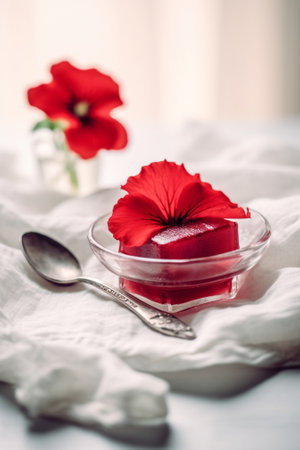 Generative AI : Roselle juice and petunia flower on wooden tableの素材