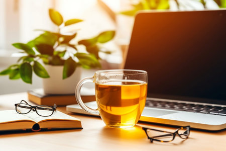Generative AI : Orange color tea in clear transparent glass with notebooks and plant pot on wooden tableの素材