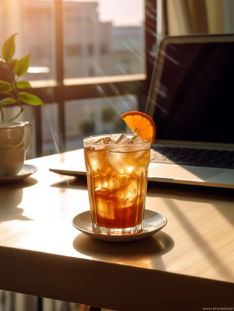 Generative AI : Orange in a glass cup and grapes and laptop indoor work from homeの素材