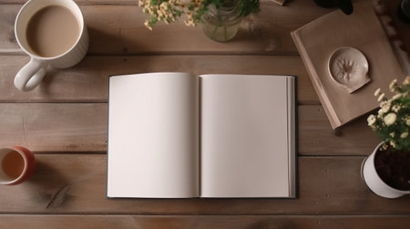 Generative AI : Open white book on wooden tableの素材
