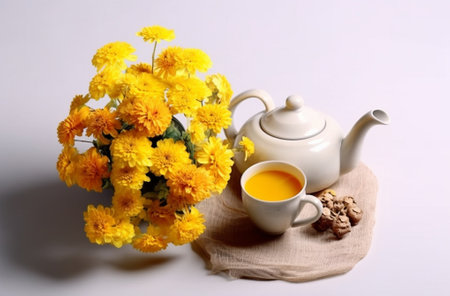 Generative AI : Teal tea pot with yellow Chrysanthemum with tea cup and notebookの素材