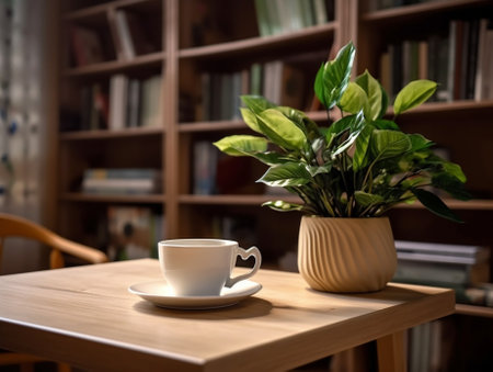 Generative AI : Small tea cup with plant pot and notebooks on wooden tableの素材