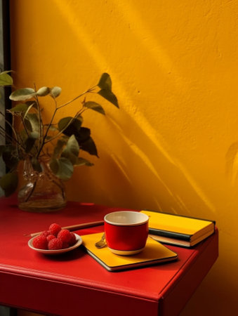 Generative AI : Red coffee cup and red moka pot and book and plant potの素材