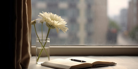 Generative AI : White gerbera and notebooks on old brown wooden tableの素材