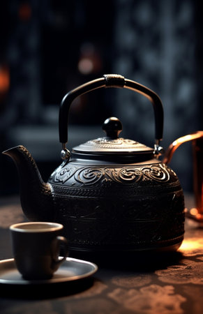 Generative AI : Tea cup and metal black tea potの素材