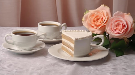 Generative AI : White coffee cup and cupcake and Rose vase on wooden trayの素材