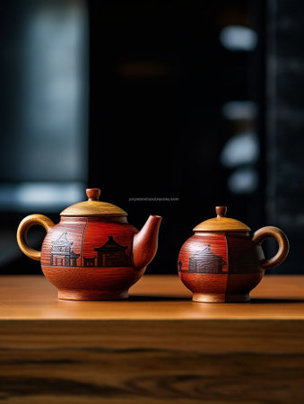 Generative AI : Wooden teapot and brown tea pot earthenware kettleの素材
