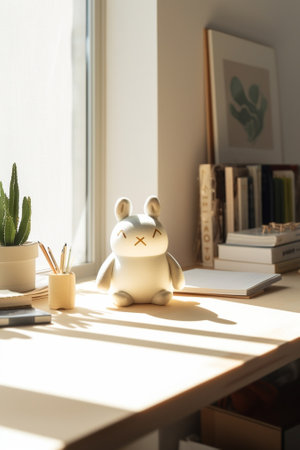 Generative AI : White lonely Bear and notebook at windowsの素材