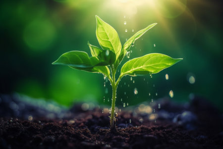 Generative AI : Young green plant growing in the morning with dewの素材