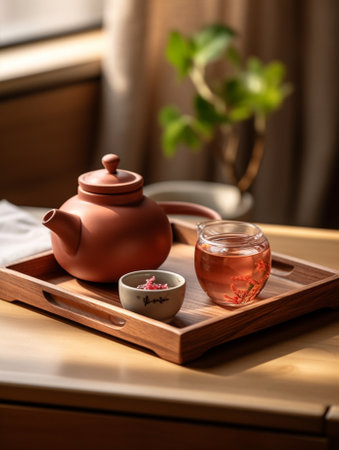 Generative AI : Wooden tea cup and white tea potの素材