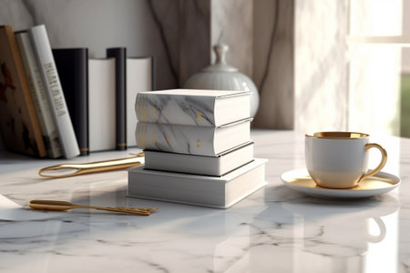 Generative AI : White kettle and cup with and notebooksの素材