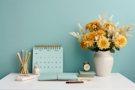 Generative AI : Yellow cup and yellow chrysanthemum flowers with notebook on wooden tableの素材