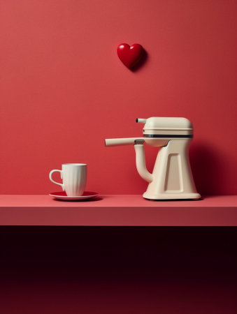 Generative AI : White kettle and brown cup with red heart and notebooksの素材