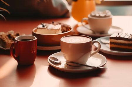Generative AI : coffee cup and dessert indoor workingの素材