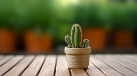 Generative AI : small cactus in mini pot line up with wooden backgroundの素材