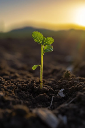 Generative AI : Young green sprout plants growing in the morningの素材
