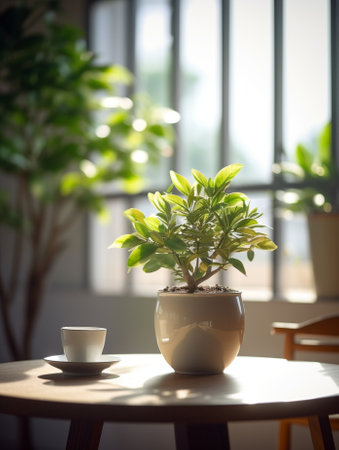 Generative AI : white tea cup and tall tea pot and Verbena plant in a basket pot wooden table balconyの素材