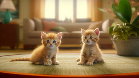 Generative AI : a pair of orange tabby kittens standing on sofa and looking through windowの素材