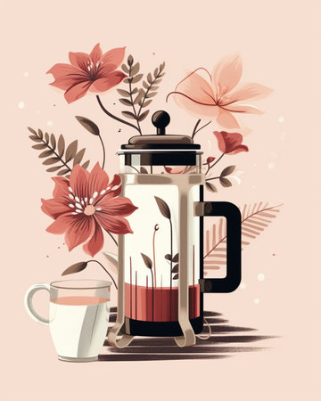 Generative AI : coffee glass cup and stainless moka pot vase of flowerの素材