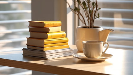Generative AI : white vintage teapot with yellow mug and notebooksの素材