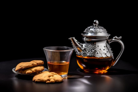 Generative AI : Bael tea in a glass cup on black tableの素材