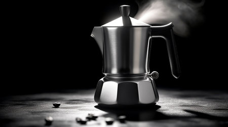Generative AI : Aluminium moka pot and black coffee cup with coffee stuffsの素材