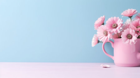 Generative AI : Blue cup and blue flower pot with pink flowersの素材