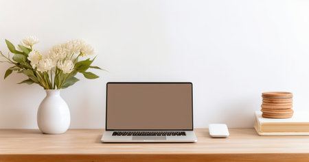 Generative AI : Laptop blank white screen with notebokks and flower pot on brown wooden table outsideの素材