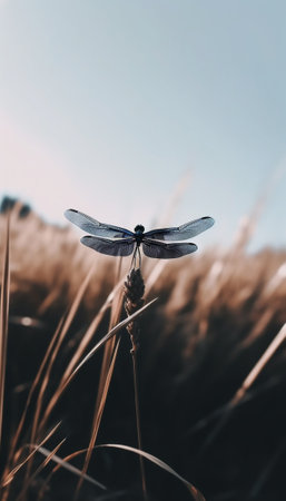 Generative AI : Dragonfly on grass plant nature outdoor under warm sunlightの素材