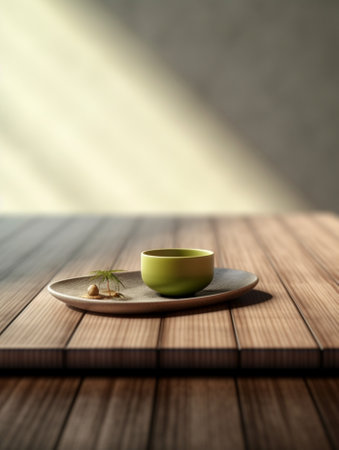 Generative AI : Green tea glass cup on wooden trayの素材