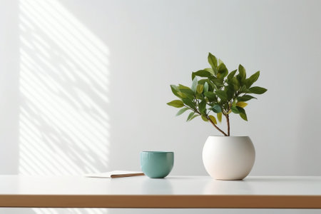 Generative AI : Green plant with white cup on white tableの素材