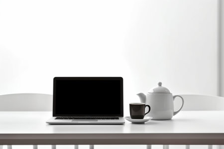 Generative AI : Laptop with white screen and coffee glass cup with cremaの素材