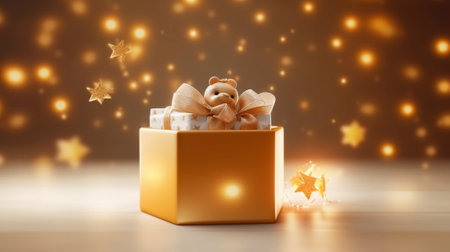 Generative AI : Gift boxes and Christmas bright lights and golden bellの素材