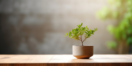 Generative AI : Growing plant on wooden tableの素材