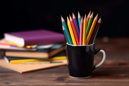 Generative AI : Notebook and cup with pencil on wooden tableの素材