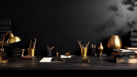 Generative AI : Dark theme interior with black pots and notebookの素材