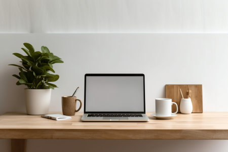 Generative AI : Laptop with white blank screen with coffee cup and books cozy home officeの素材
