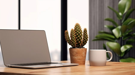 Generative AI : Laptop with notebook and sunglasses with coffee cup and plant pot on white wooden tableの素材